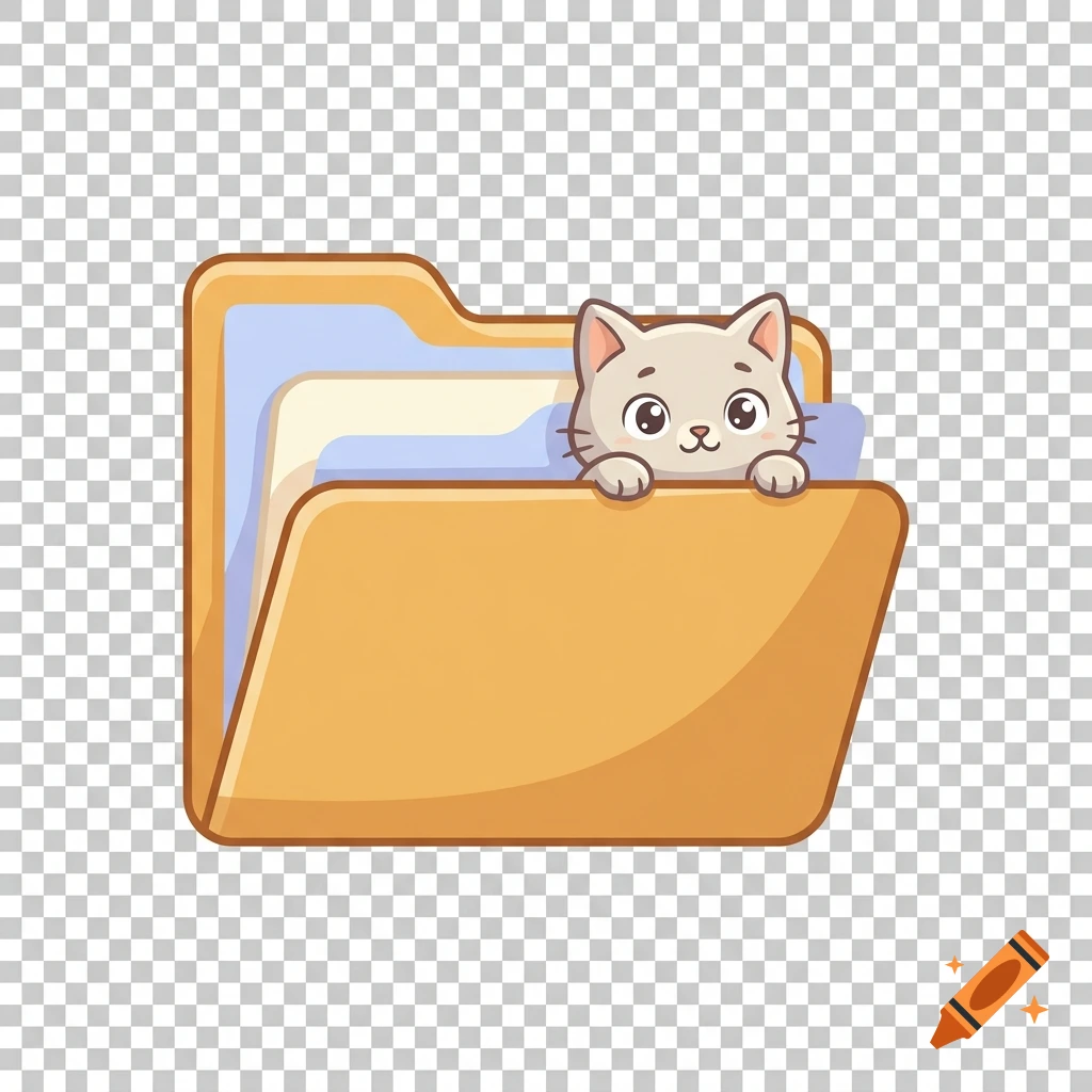 Cute cartoon cat peeking out of a yellow file folder against a transparent background.