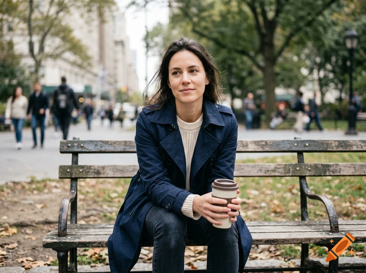 Photorealistic image of a woman sitting on a park bench holding a coffee cup, with blurred city street in the background.