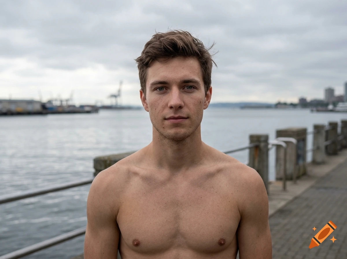 Portrait of a shirtless young man standing outdoors near a body of water under a cloudy sky.
