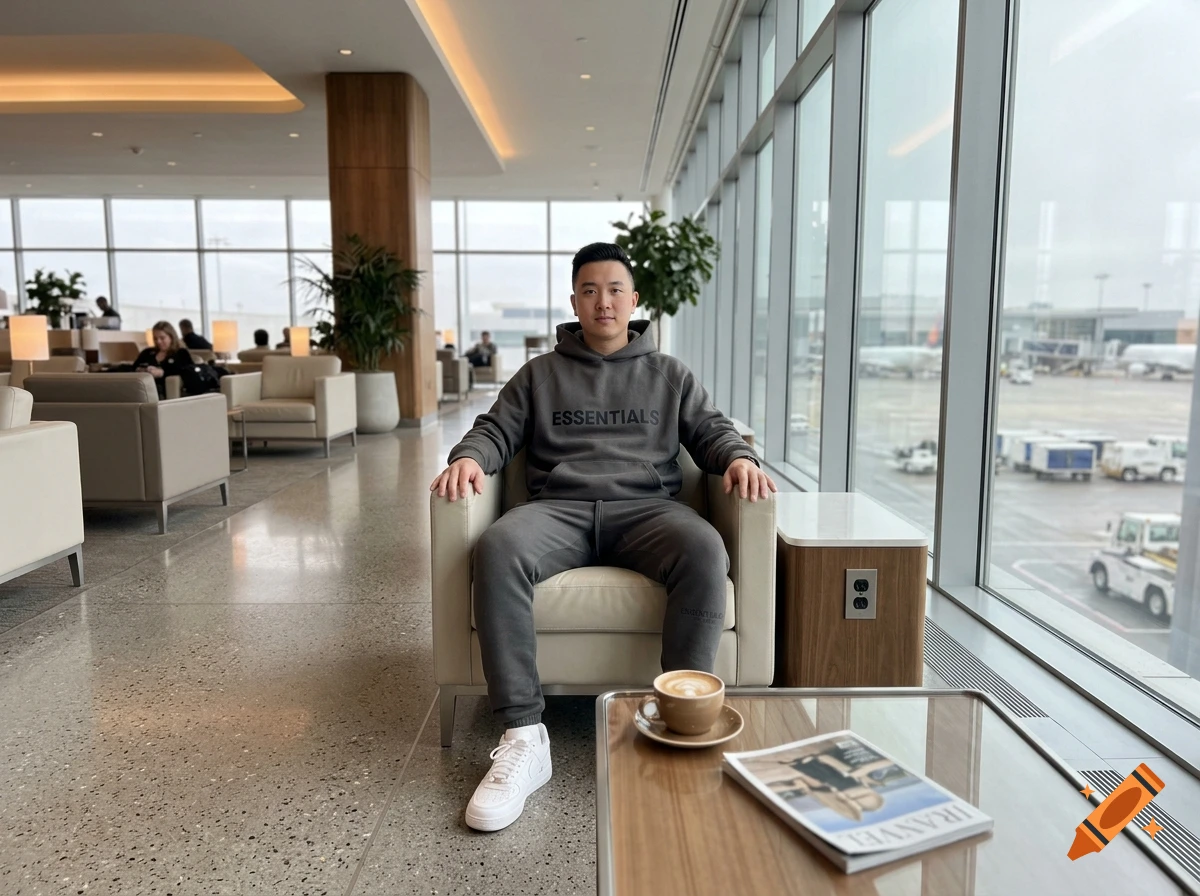 Photorealistic shot of a man sitting in an airport lounge armchair with coffee and a magazine on a table.