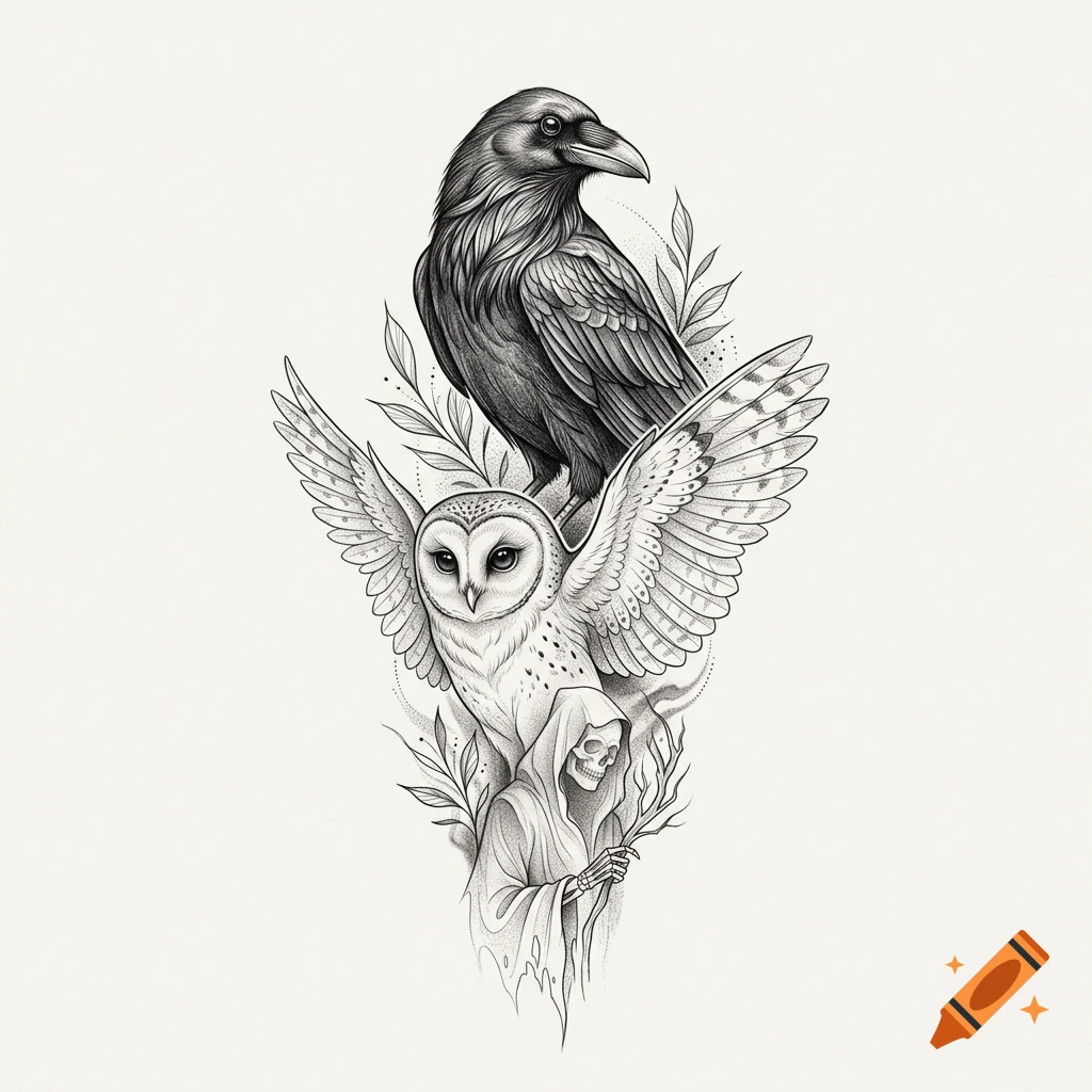 Detailed ink pencil drawing featuring a raven, an owl with outstretched wings, and a hooded figure holding a branch.