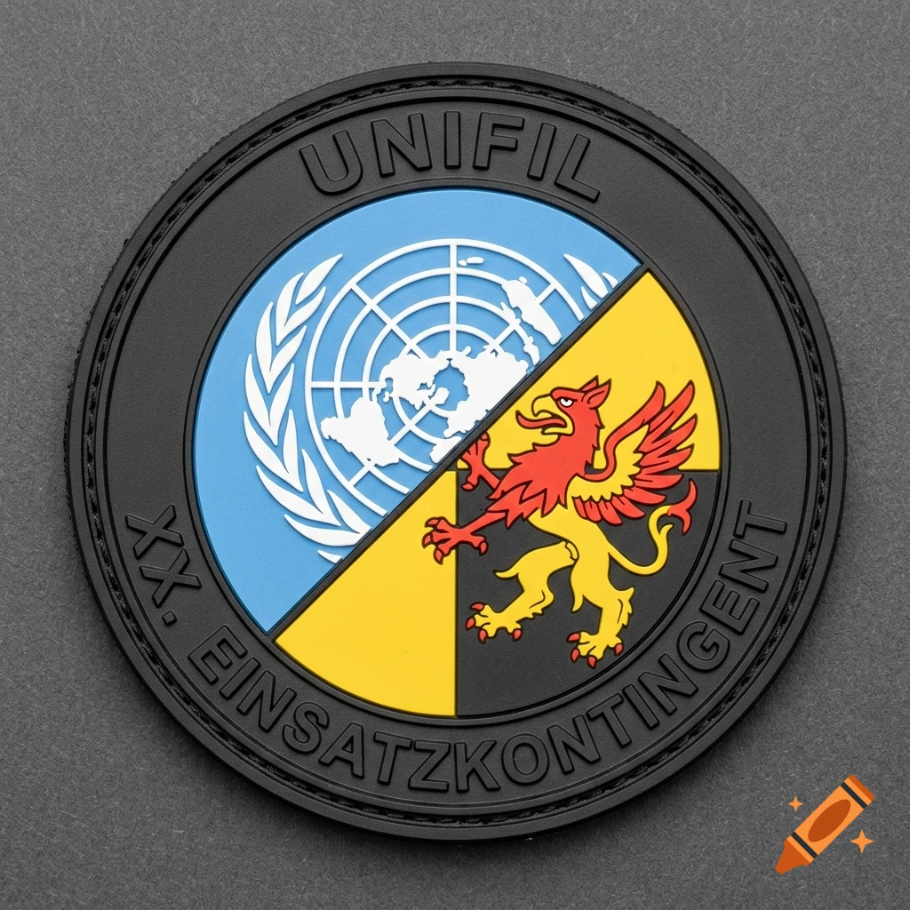 Round black rubber patch featuring the UN flag, a Baden-Württemberg griffin, and the text UNIFIL and XX.Einsatzkontingent.