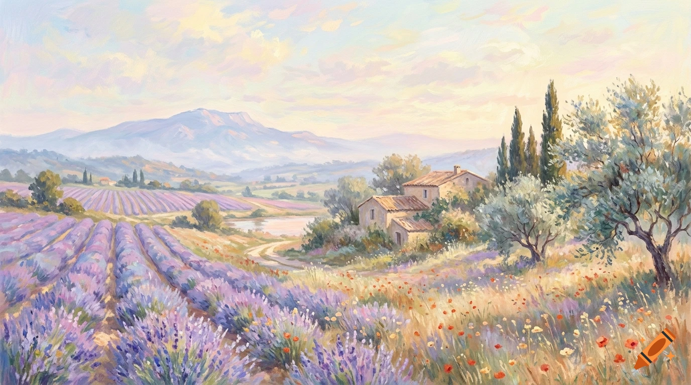 An oil painting of a French countryside landscape with lavender fields, a stone house, olive trees, and mountains under a pastel sky.