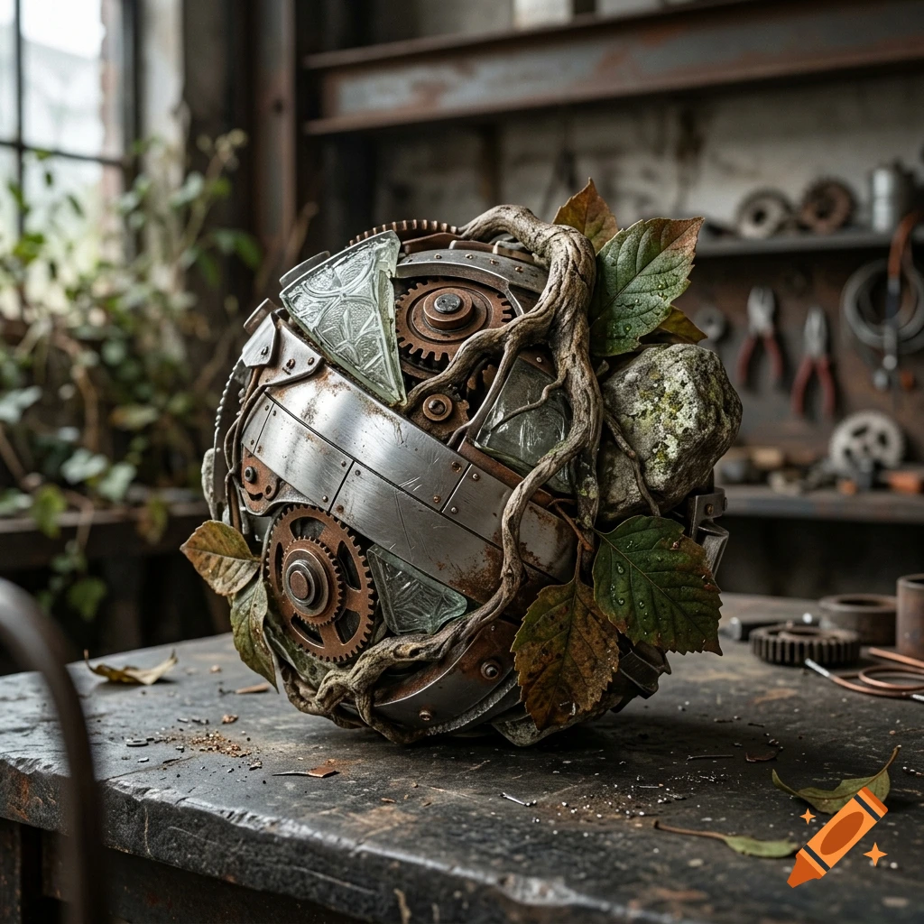 An intricate spherical mechanical and natural sculpture with gears, metal panels, glass inserts, tree roots, stones, and green leaves, sitting on a workshop table.