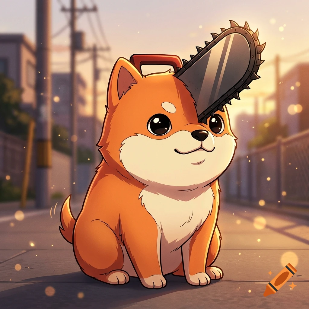 Digital illustration of Pochita, the cute orange dog character with a chainsaw blade protruding from its head, sitting on a street at sunset.