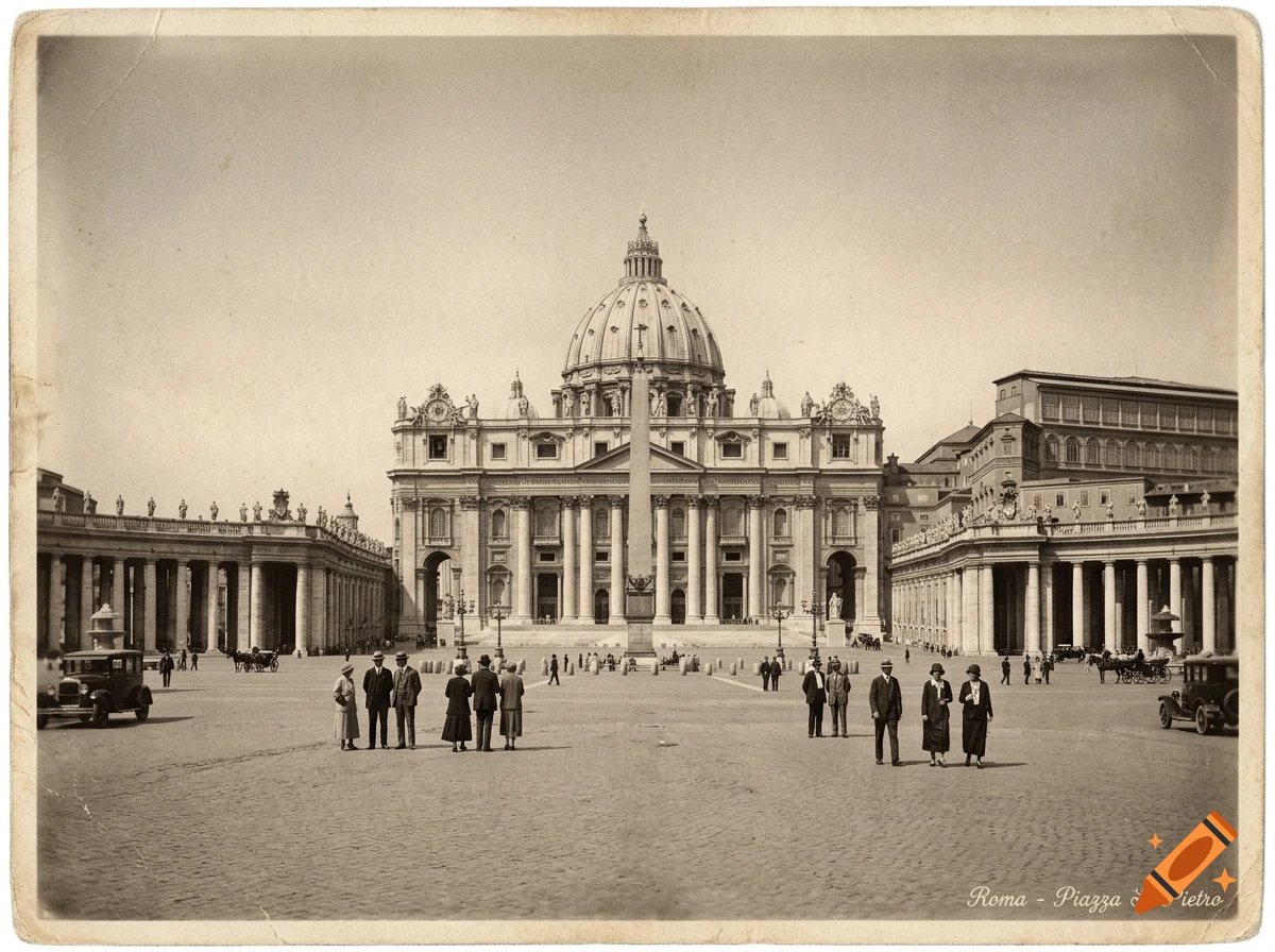 Vintage sepia postcard of St. Peter's Basilica in St. Peter's Square, Rome, from the 1920s.