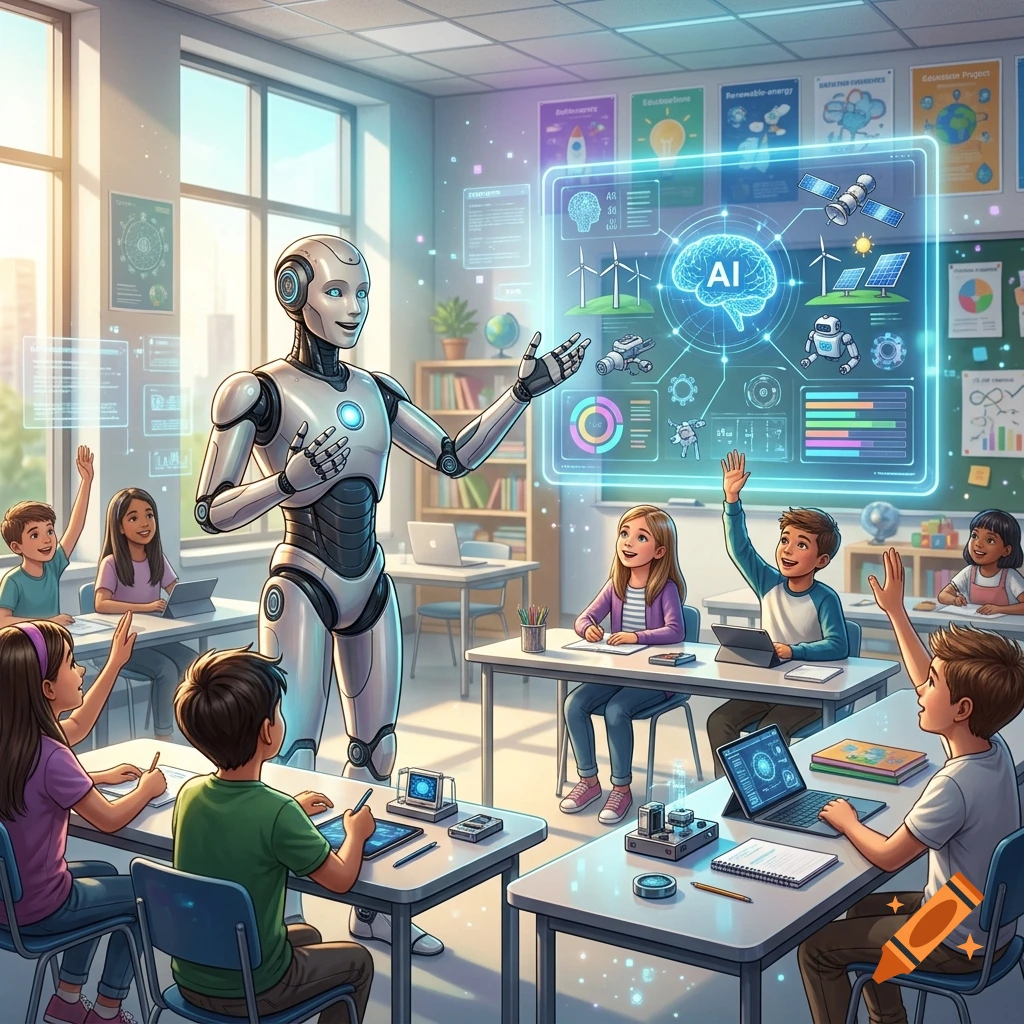 Digital illustration of a humanoid robot presenting futuristic technology to attentive students in a bright classroom.