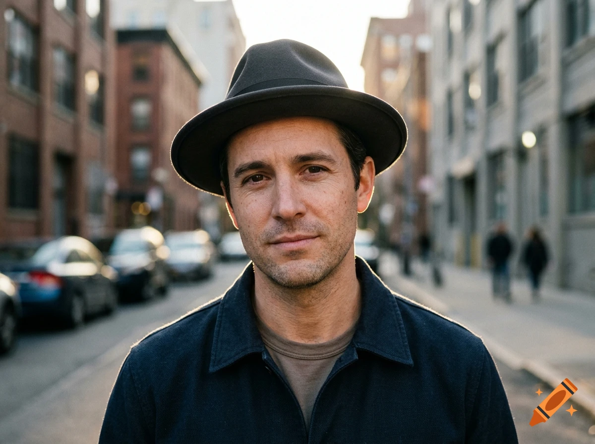 Portrait of a man wearing a fedora hat and a dark jacket, standing on a city street.