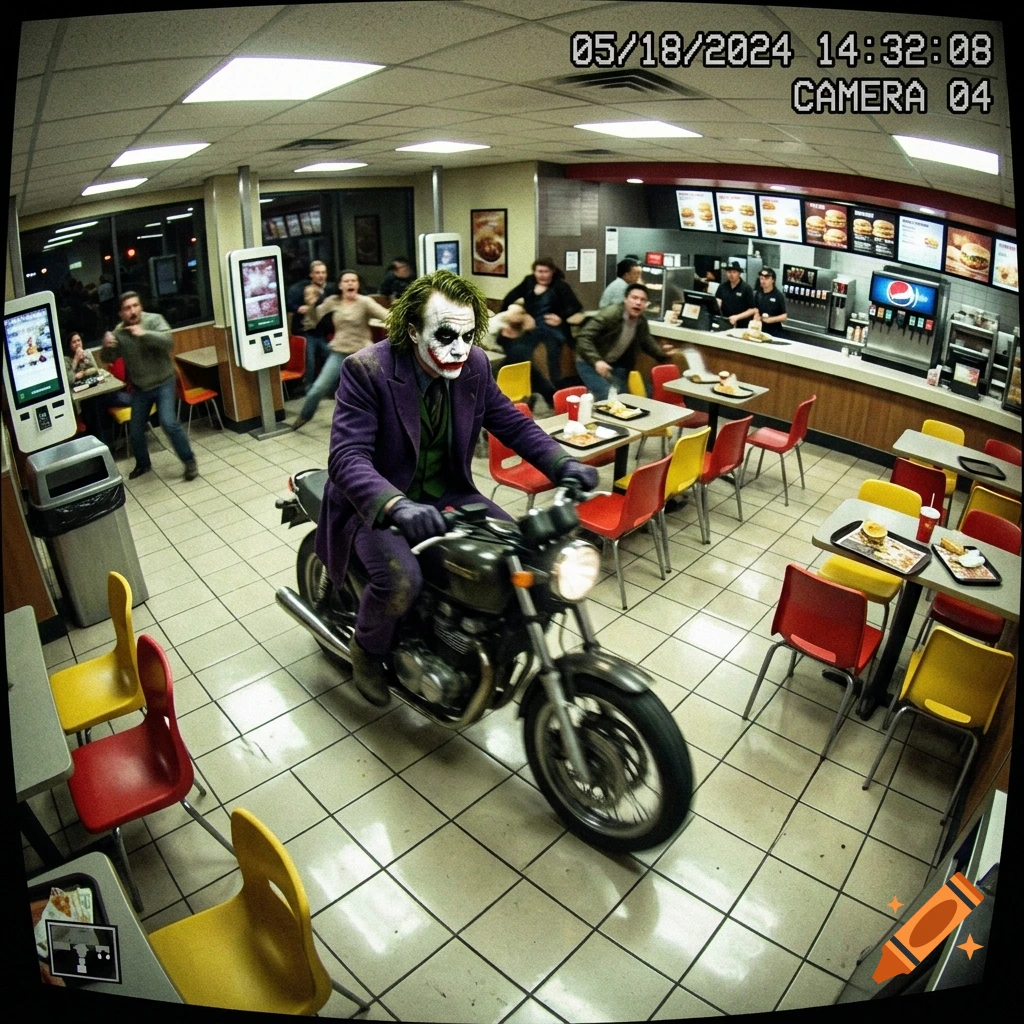 CCTV camera footage showing the Joker riding a motorcycle inside a brightly lit fast-food restaurant.