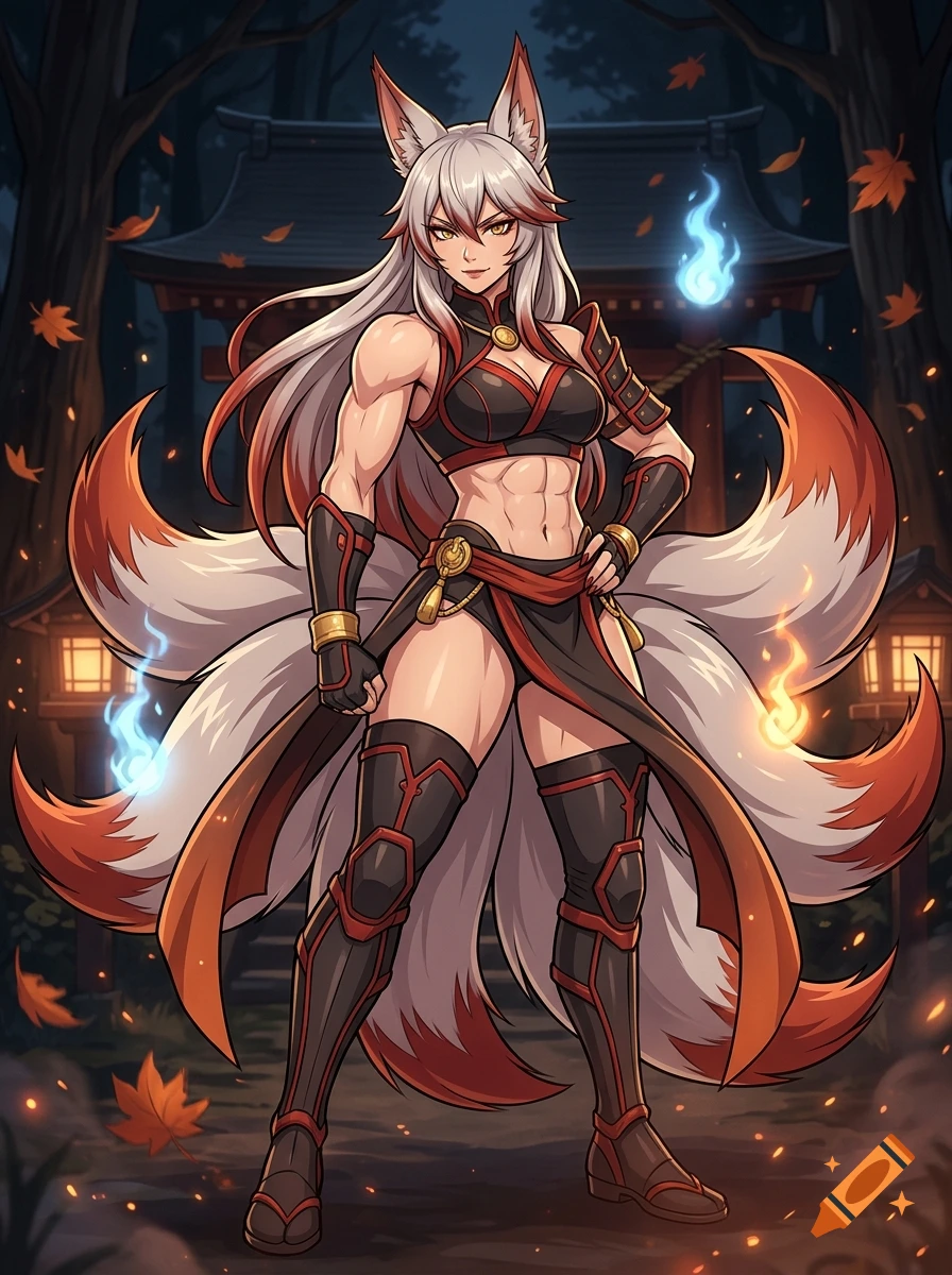 Anime style illustration of a muscular female kitsune with white hair and fox ears, standing in front of a traditional shrine.