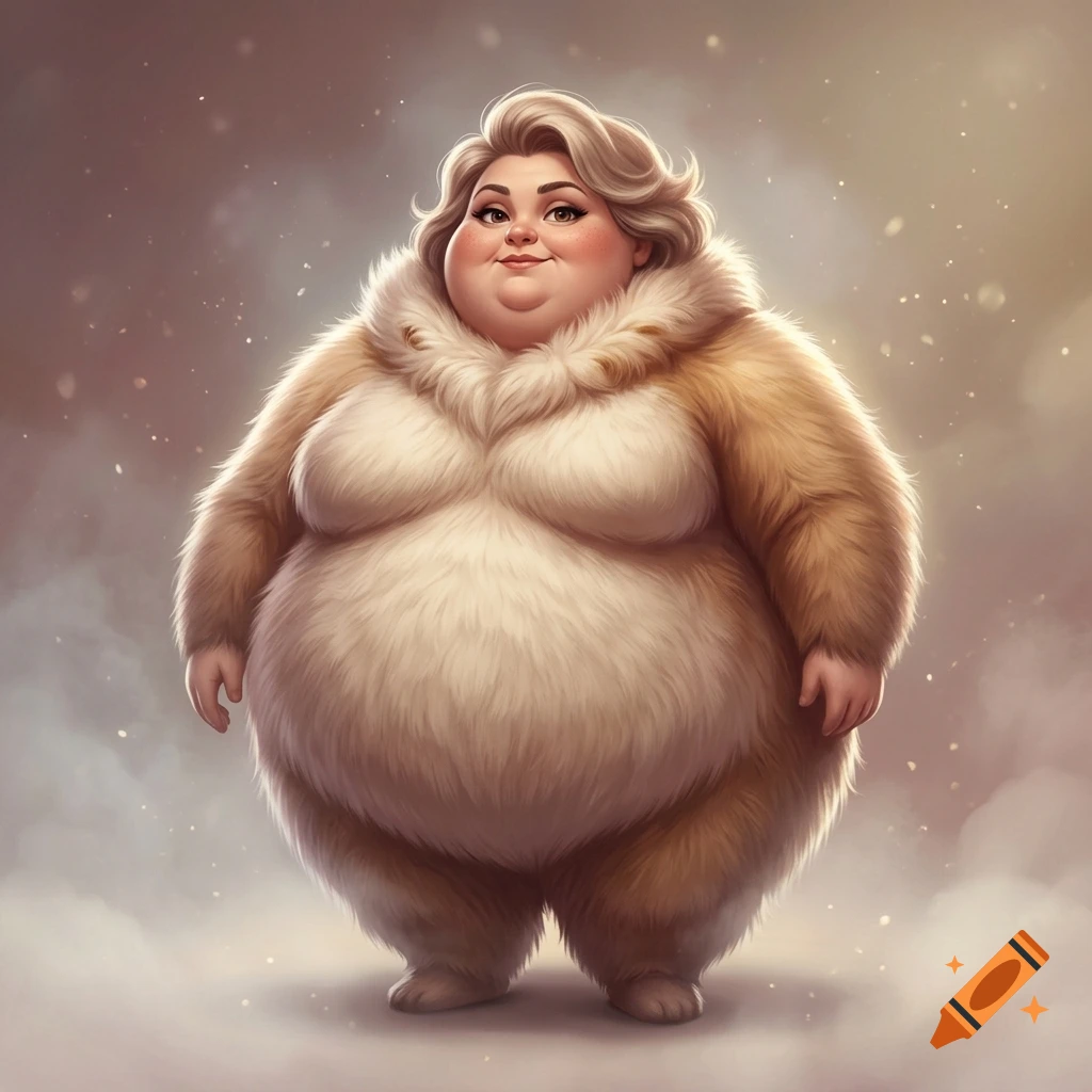 Digital art of an obese, spherical woman with blonde hair wearing a furry winter coat, standing against a hazy, sparkling background.