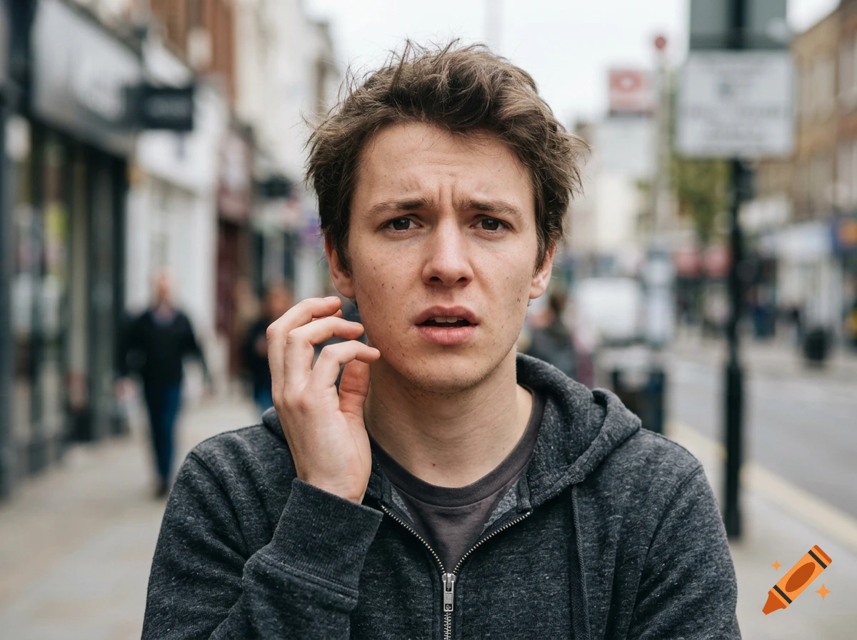 Close-up portrait of a young man with brown hair and a concerned expression, wearing a dark grey zippered hoodie, standing on a city street.