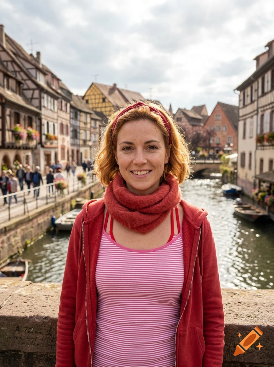 Photorealistic portrait of a smiling young woman with red hair and scarf standing on a bridge in a European canal village.