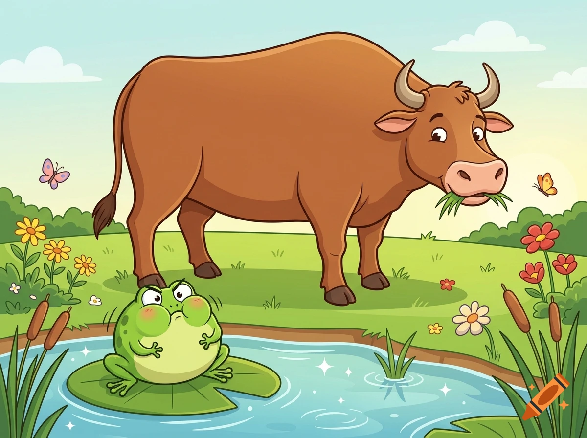 Colorful comic illustration of a brown ox eating grass and a tiny green frog puffing up in a pond, vector graphic style.