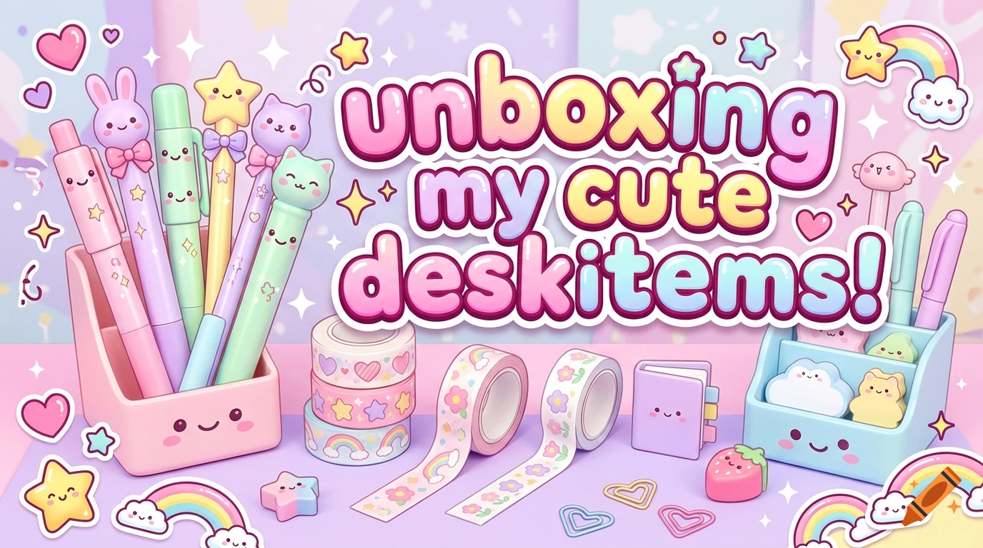 Colorful kawaii YouTube thumbnail with pastel stationery, cute pens, washi tape, and bold text reading unboxing my cute deskitems!