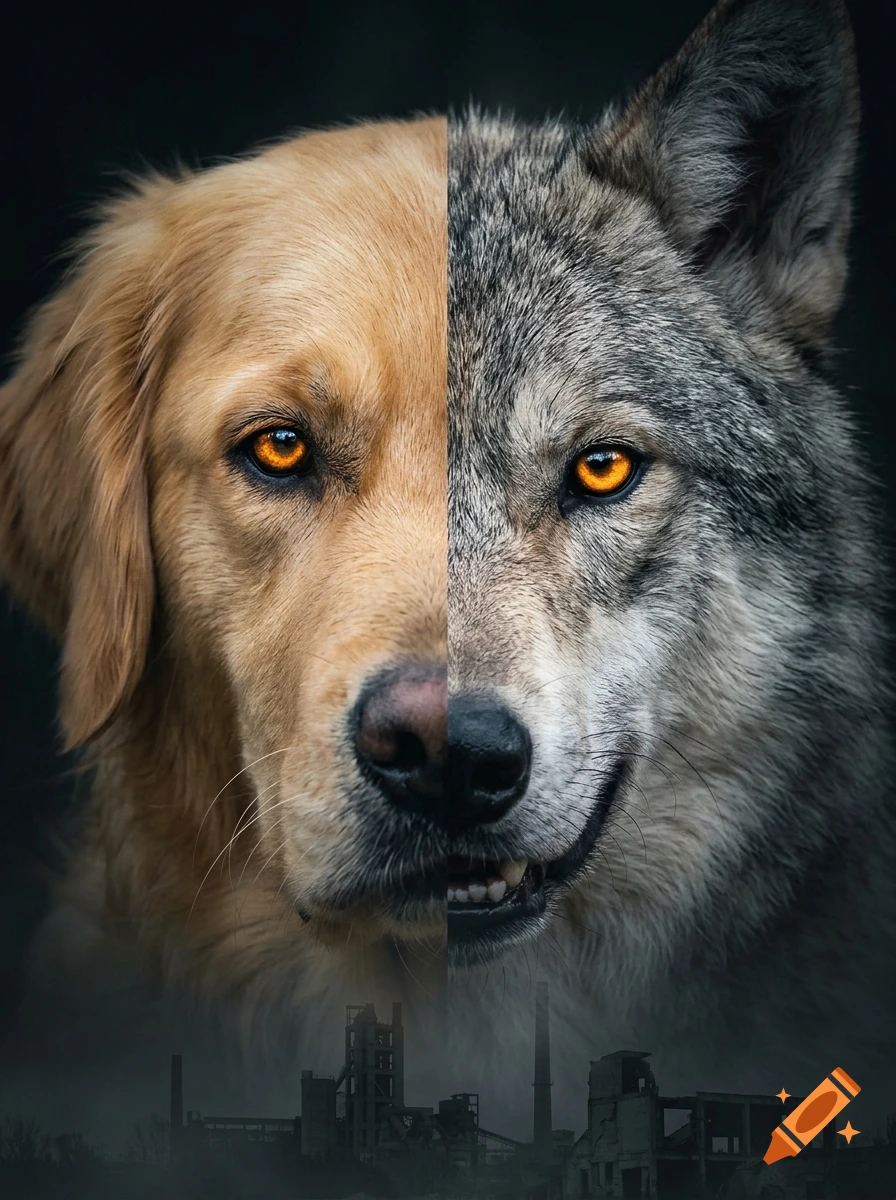 Split-face portrait of a golden retriever and a wolf with glowing amber eyes against a dark background and ruined industrial silhouette.