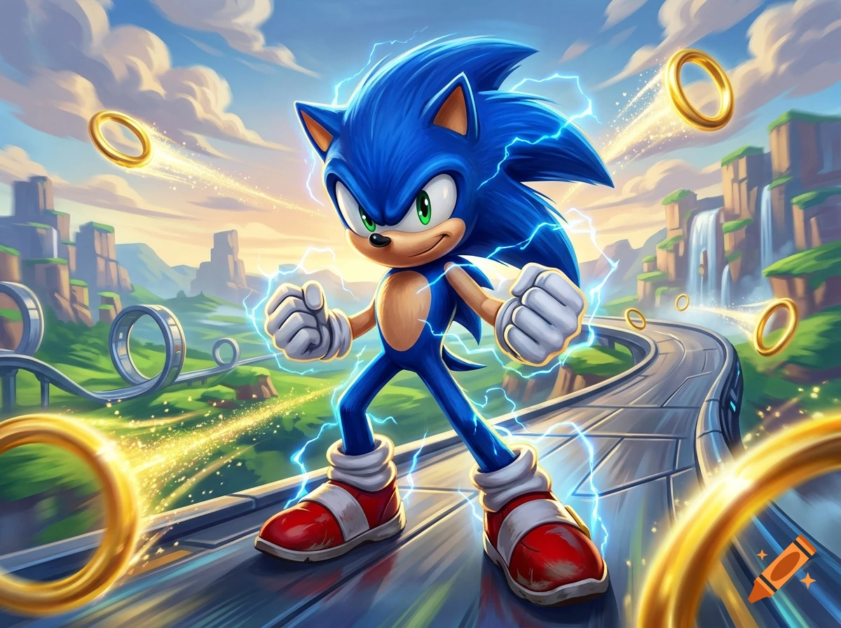 Digital illustration of Sonic the Hedgehog striking a dynamic pose on a winding track with glowing gold rings and electric sparks.