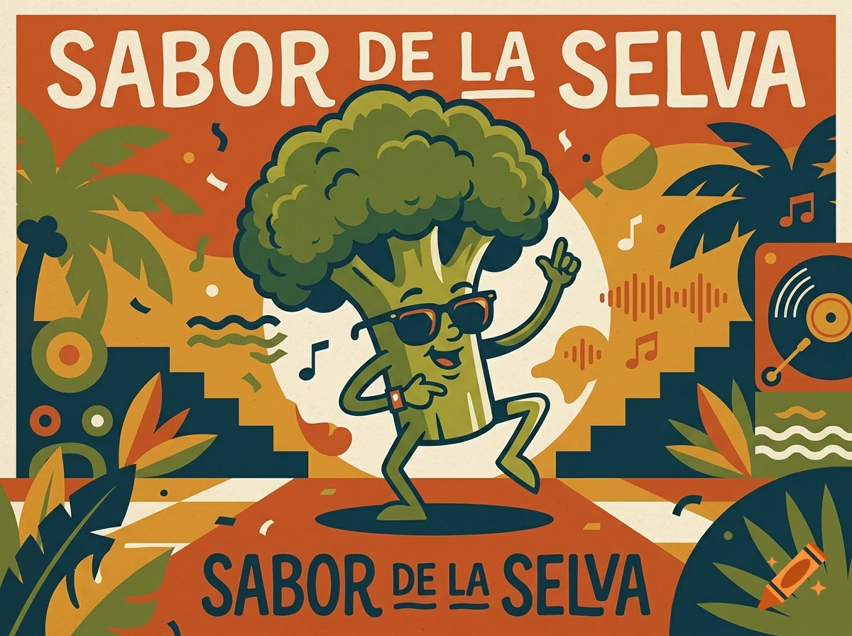 Retro flat vector music poster featuring a stylized broccoli character wearing sunglasses dancing on a tropical dance floor.
