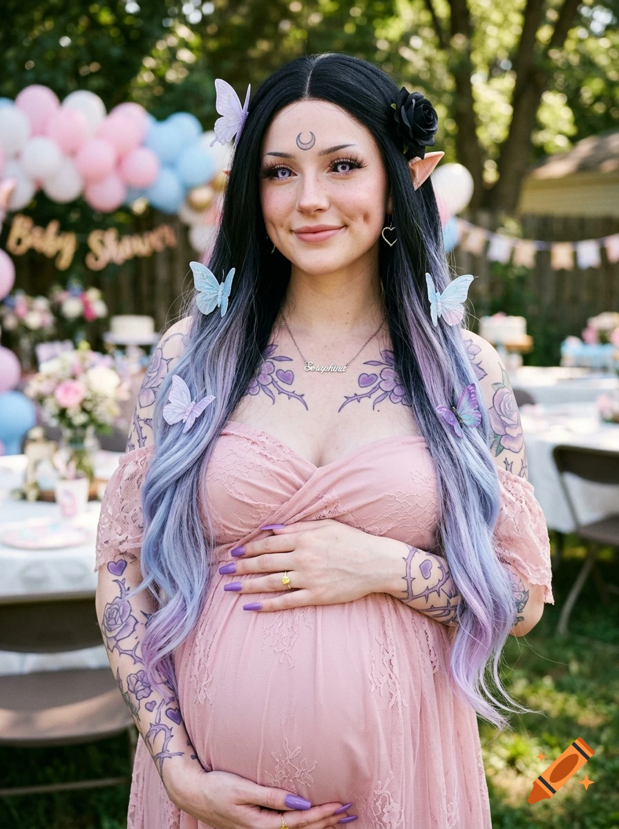 Photorealistic portrait of a pregnant elf woman with black and pastel purple hair, tattoos, and butterfly accessories at a baby shower.