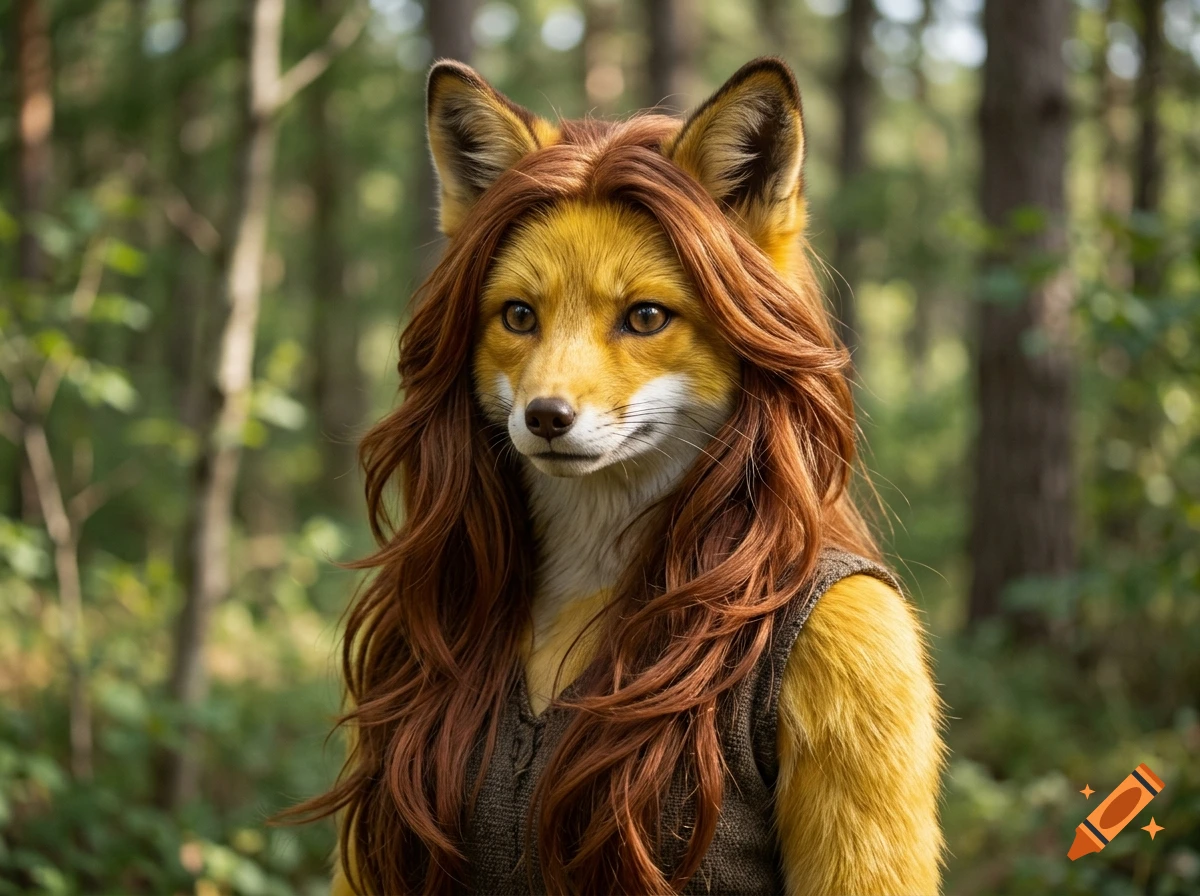 Photorealistic portrait of a female anthropomorphic fox with long luscious brown hair and a brown vest in a forest setting.