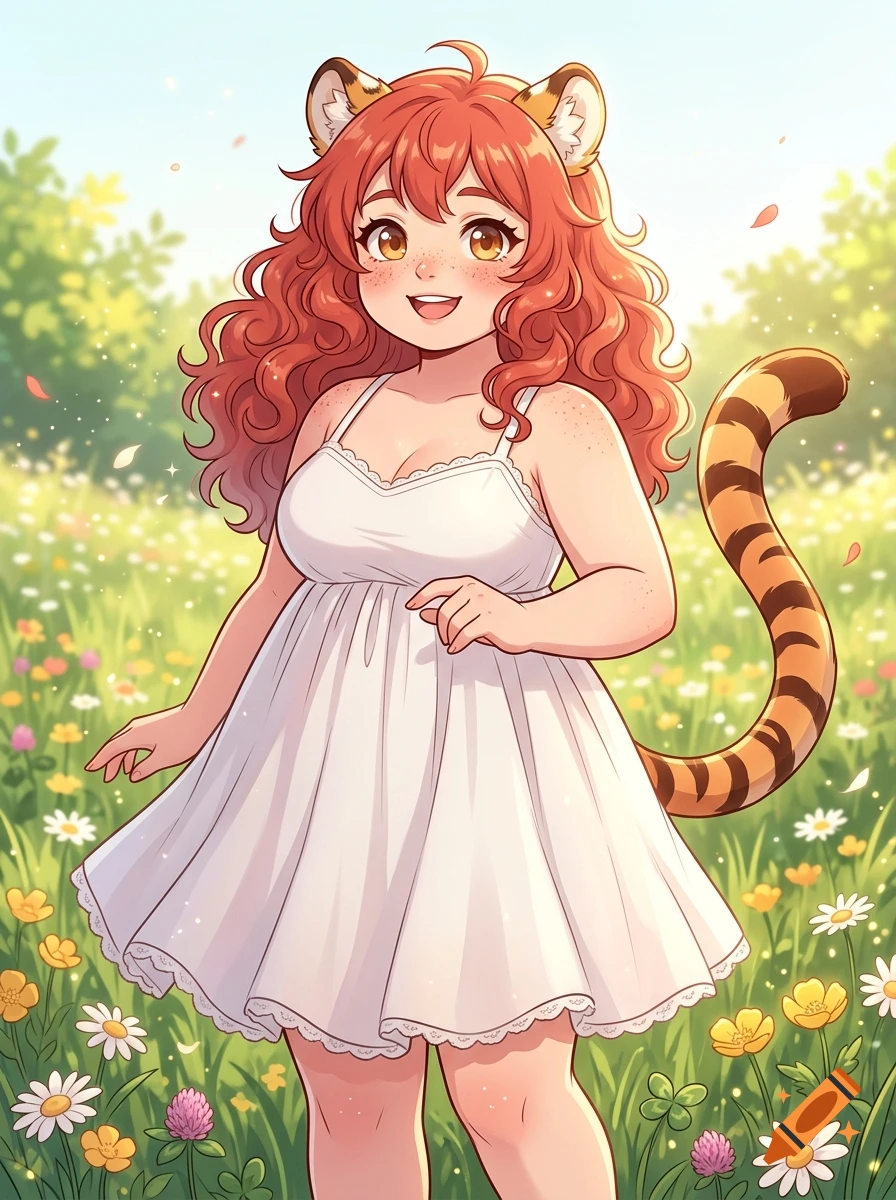 Anime style illustration of a cute, chubby red-haired girl with tiger ears, a tiger tail, freckles, and a white sundress in a field of wildflowers.