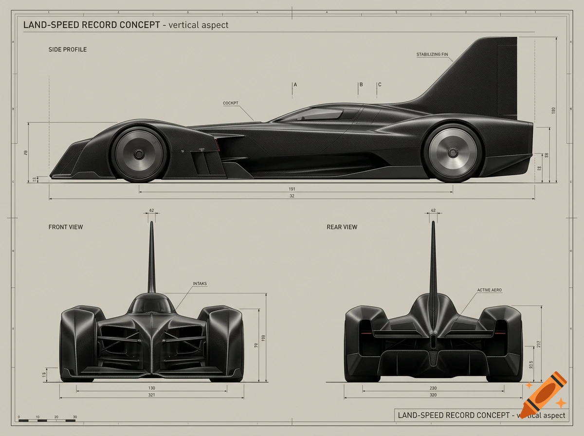 Professional automotive design sheet showing side, front, and rear views of a black carbon fiber land-speed record concept vehicle.