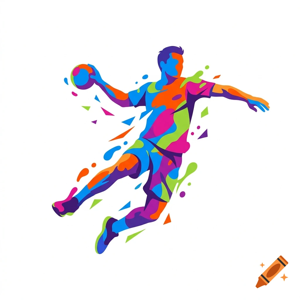 Colorful vector illustration of an athlete jumping while holding a ball
