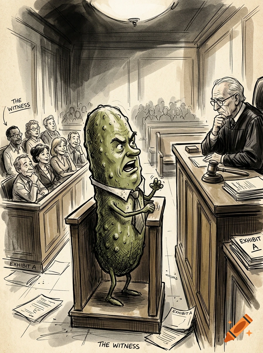 Sketch of an anthropomorphic pickle testifying in a courtroom, standing at the witness stand while a judge listens.