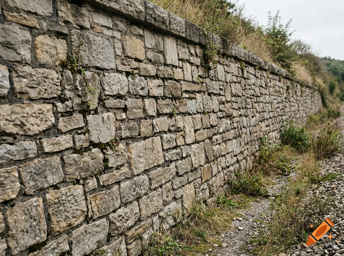 A long, weathered stone retaining wall runs alongside a gravel path with sparse grass and weeds.