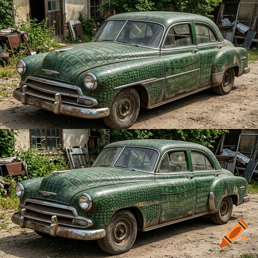 An old vintage car parked on dirt, covered entirely in green crocodile skin texture.