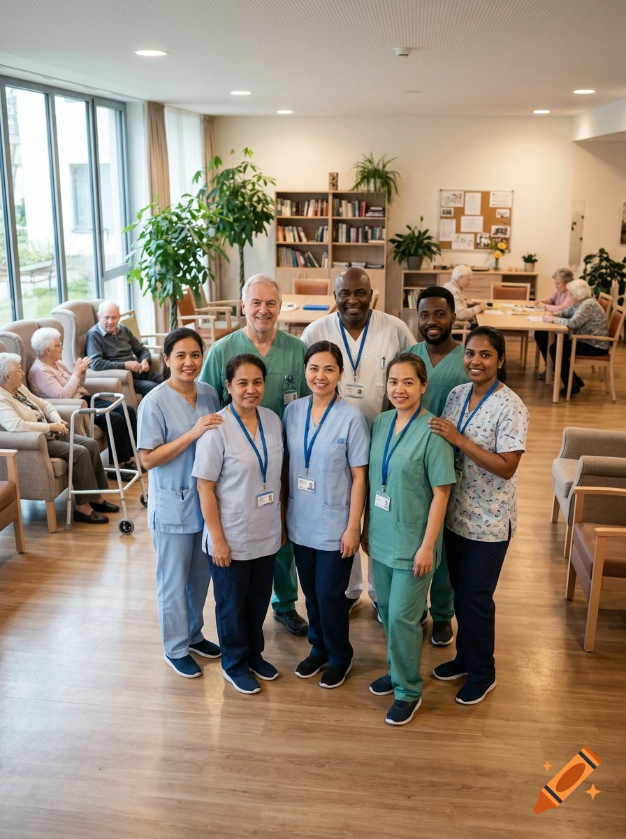 A group of diverse nurses standing together smiling in a brightly lit nursing home.