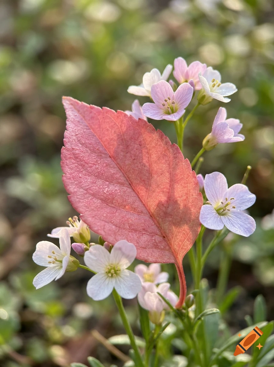 A close-up photograph of delicate light pink and white flowers and a vibrant reddish-pink autumn leaf.