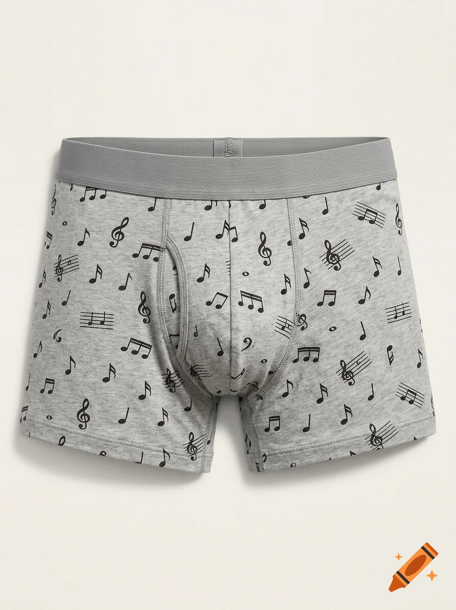 Gray boxer briefs with a black music note and treble clef pattern.
