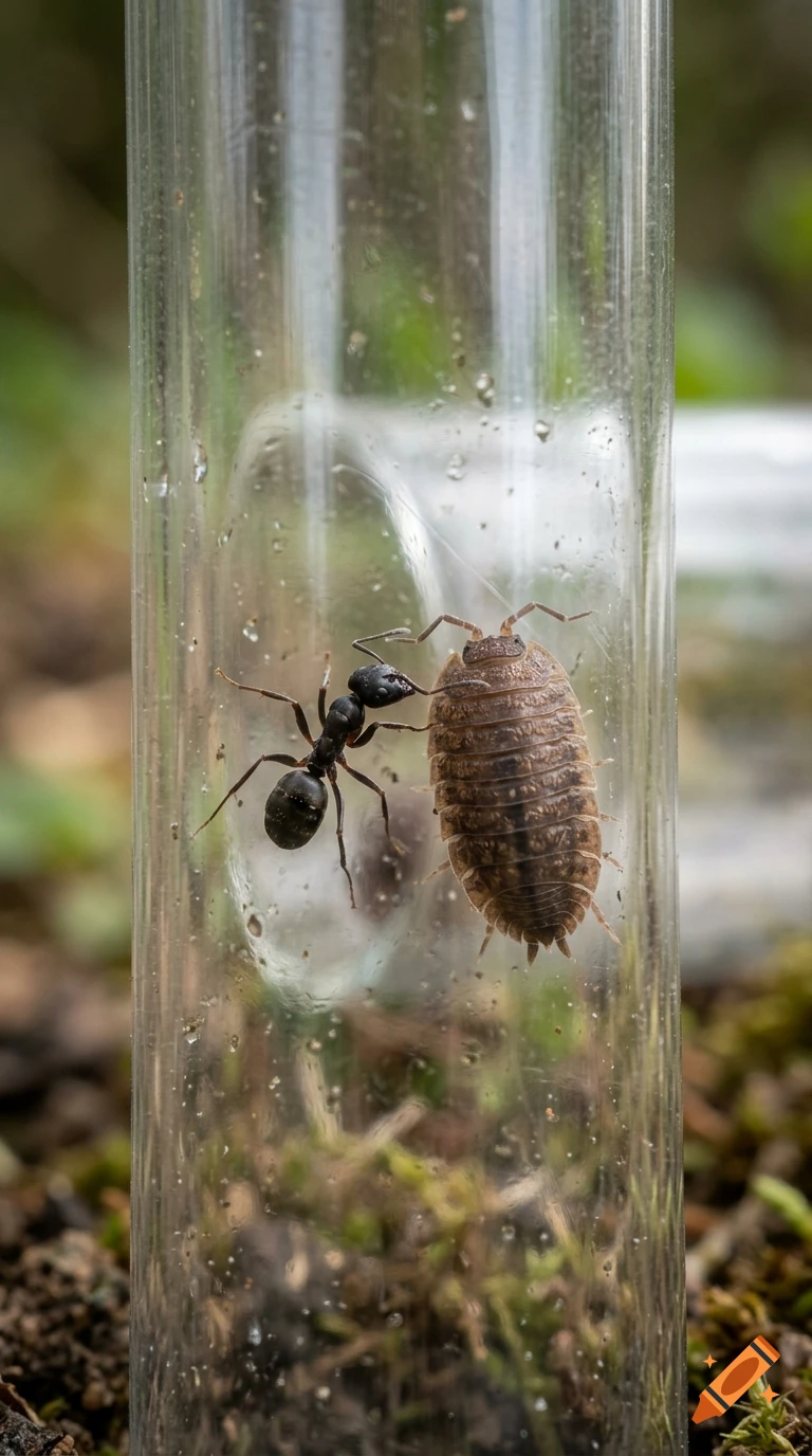 An ant and a woodlouse inside a clear glass tube resting on the ground.