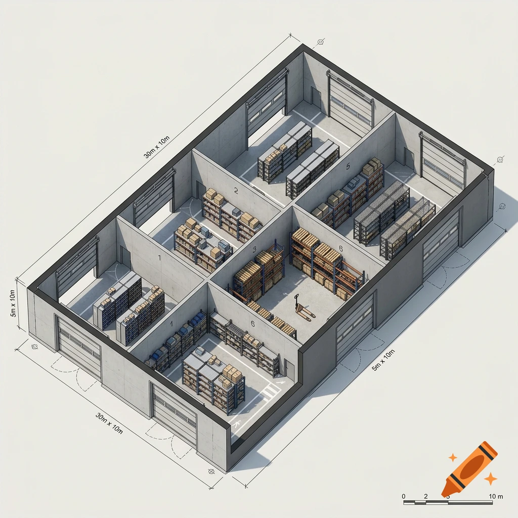 An isometric 3D architectural floor plan of a multi-room warehouse with storage shelves, boxes, and dimensional annotations.