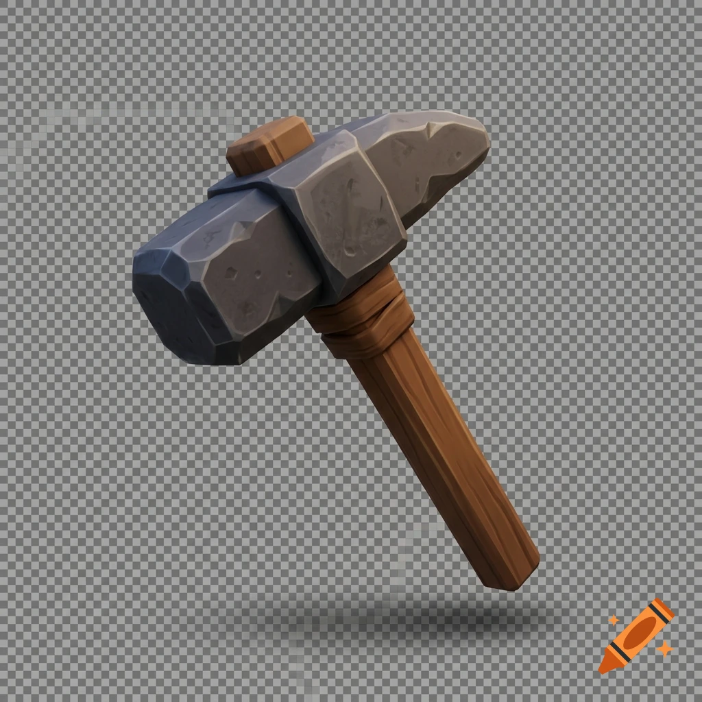 A stylized stone hammer with a wooden handle and wrapped bindings, rendered in a 3D cartoon style against a transparent checkerboard background.