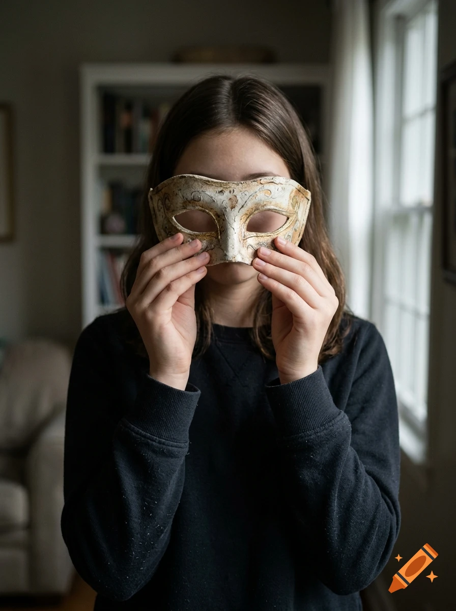 Young girl holding a decorative Venetian mask in front of her face, indoors near a window.
