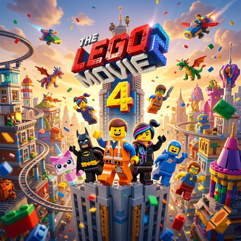 Colorful promotional poster for The Lego Movie 4 featuring Lego characters on a skyscraper in a vibrant brick-built city.
