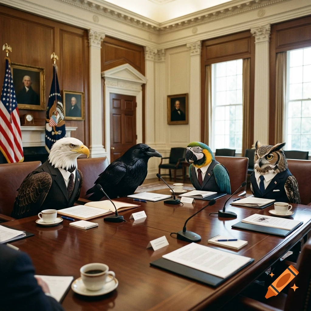 An eagle, a raven, a parrot, and an owl dressed in business suits attend a meeting around a conference table in a formal room.