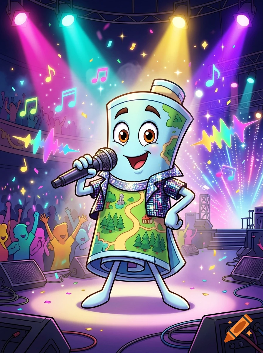 An anthropomorphic rolled-up map wearing a sequin jacket sings into a microphone on a vibrant stage with concert lights and a cheering crowd in the background.