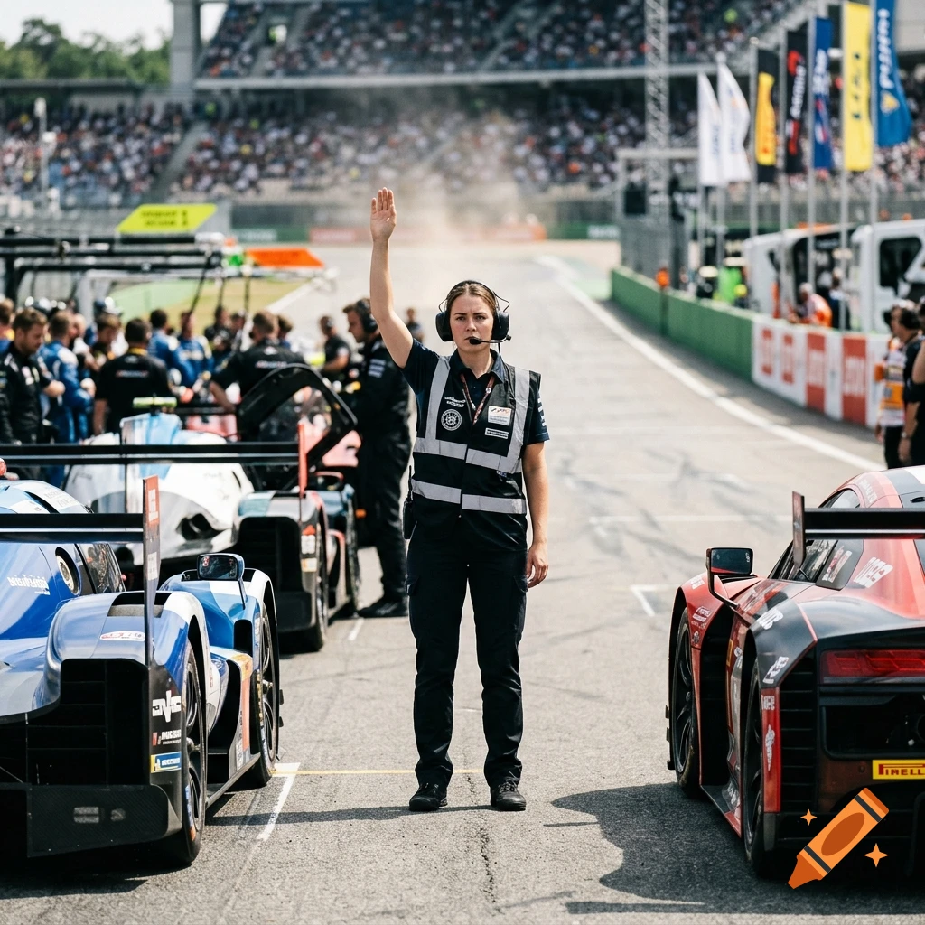 A race track official in a reflective vest raises her hand to start a race between two sports cars, with a grandstand filled with spectators in the background.