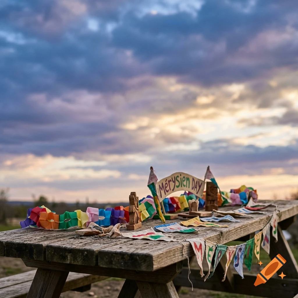 Wooden picnic table decorated with festive paper chains and banners under a dramatic cloudy sky, photorealistic