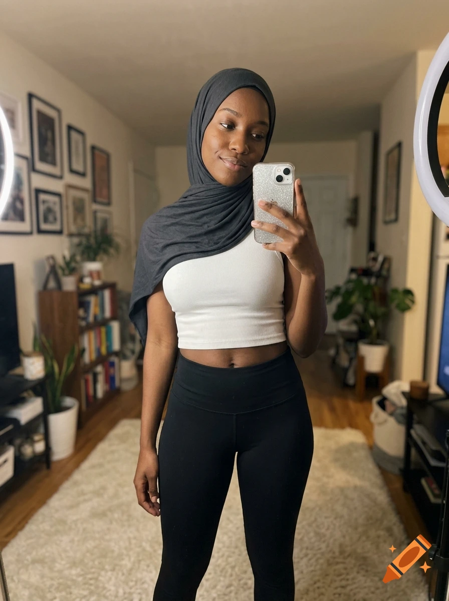 A young Black woman wearing a dark grey hijab and white crop top takes a mirror selfie in a cozy apartment.