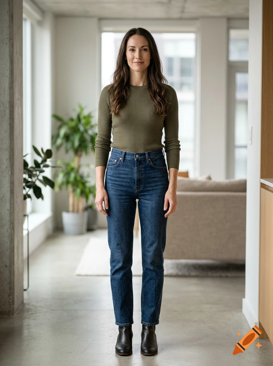 A full-length photo of a woman standing in an interior space, wearing an olive green long-sleeve top and blue jeans.