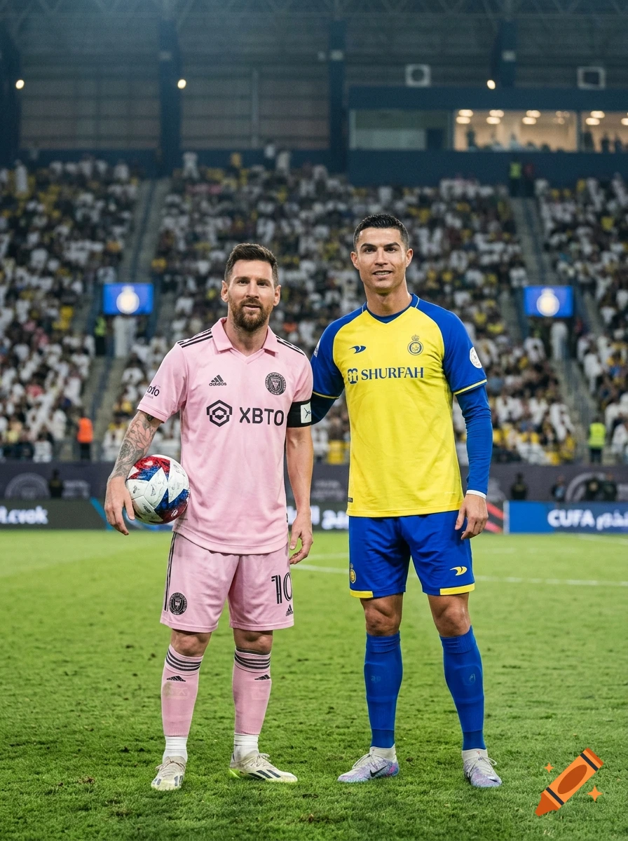 Photorealistic image of Lionel Messi and Cristiano Ronaldo standing together on a soccer pitch.