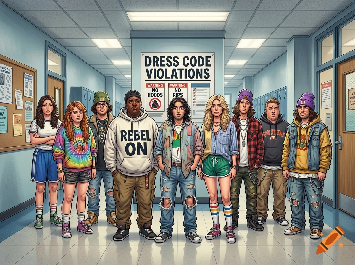 Illustration of a line of diverse teenagers standing in a high school hallway under a dress code violations sign.