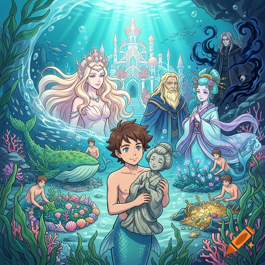 Anime style illustration of a young merman holding a stone statue in an underwater kingdom with mermaid royalty and castle.