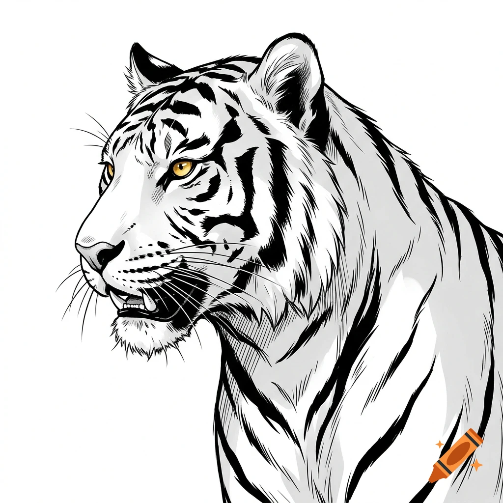 Manga-style drawing of a white tiger's head in profile with striking yellow eyes against a white background.