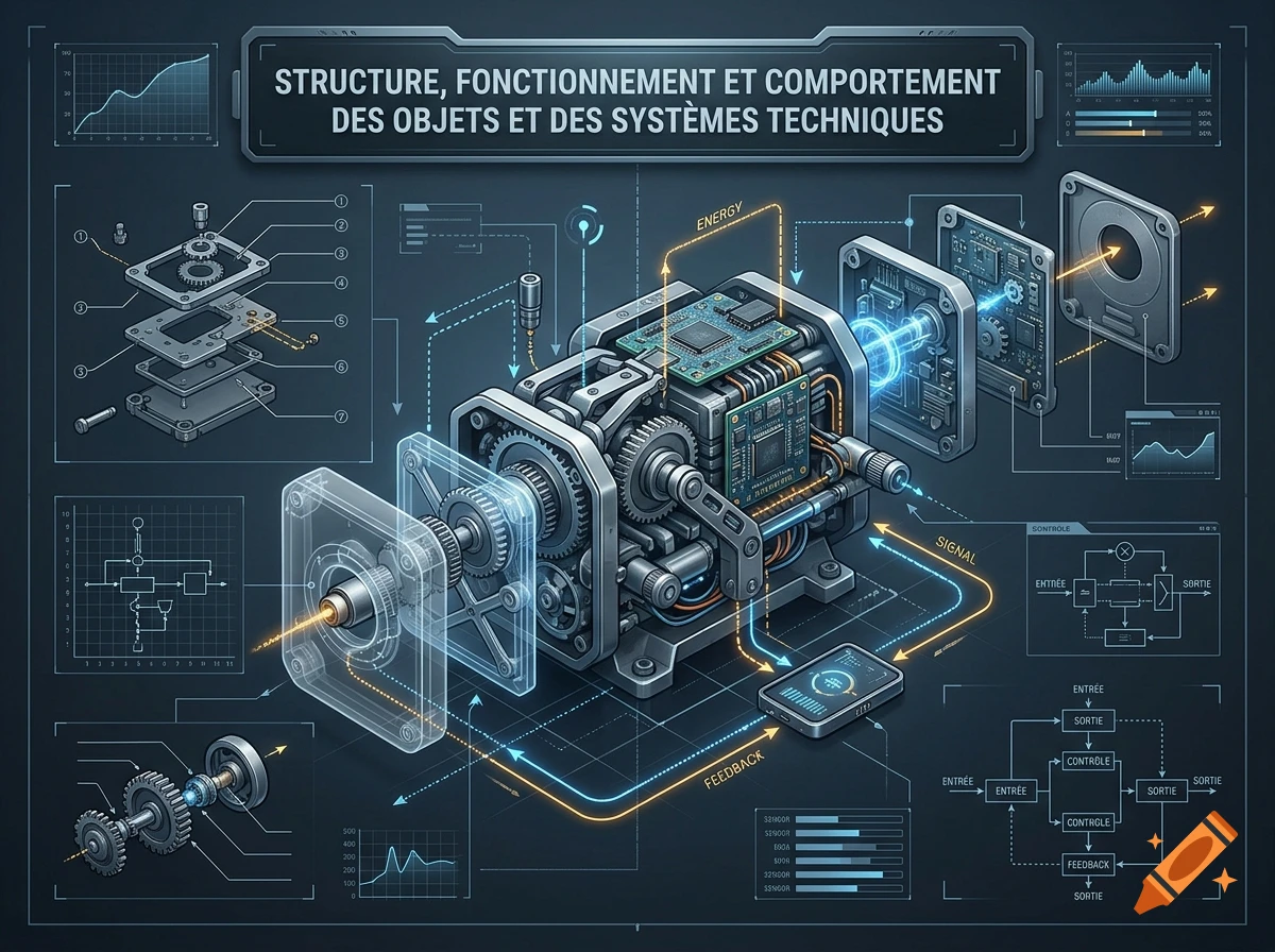 Technical blueprint illustration showing the exploded view and schematics of a complex mechanical device with circuit boards.
