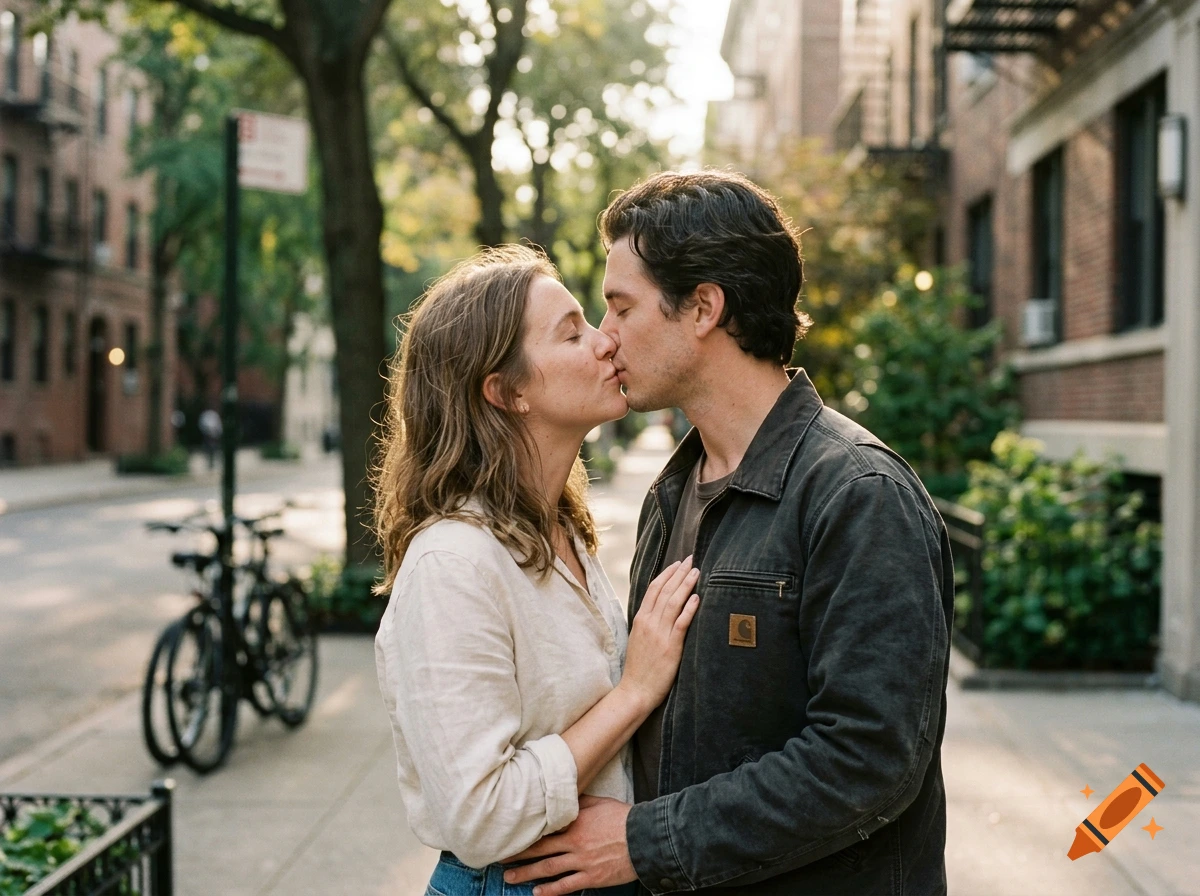 A man and a woman kissing on a city sidewalk in a photorealistic style.